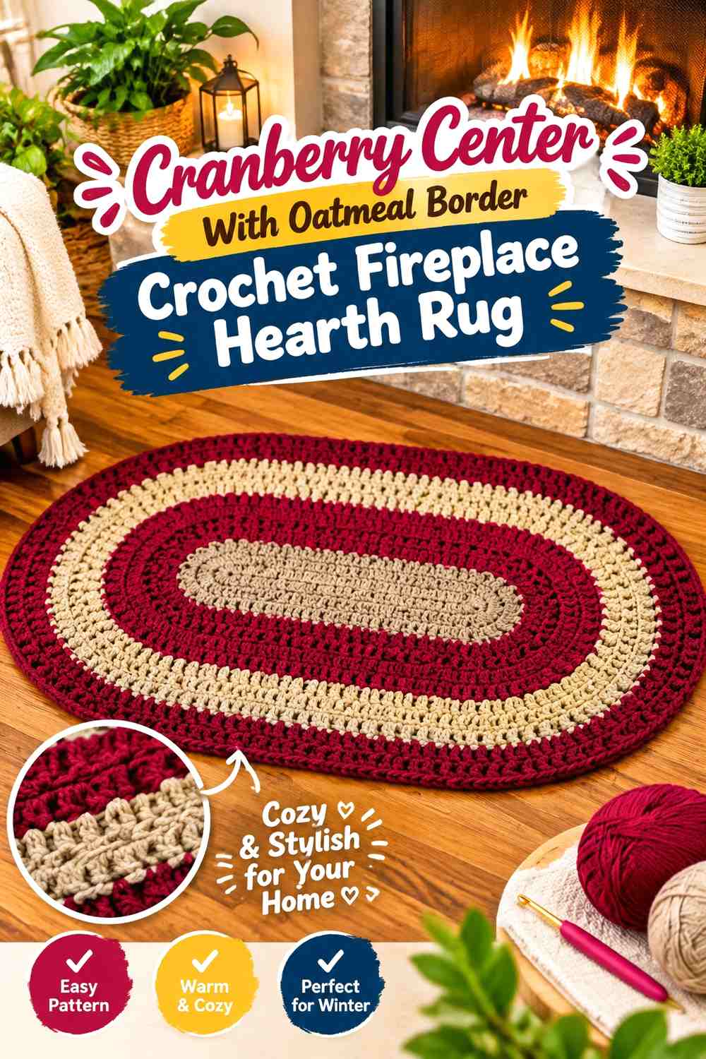 Cranberry Center With Oatmeal Border Crochet Fireplace Hearth Rug