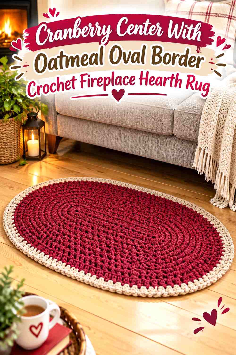 Cranberry Center With Oatmeal Oval Border Crochet Fireplace Hearth Rug