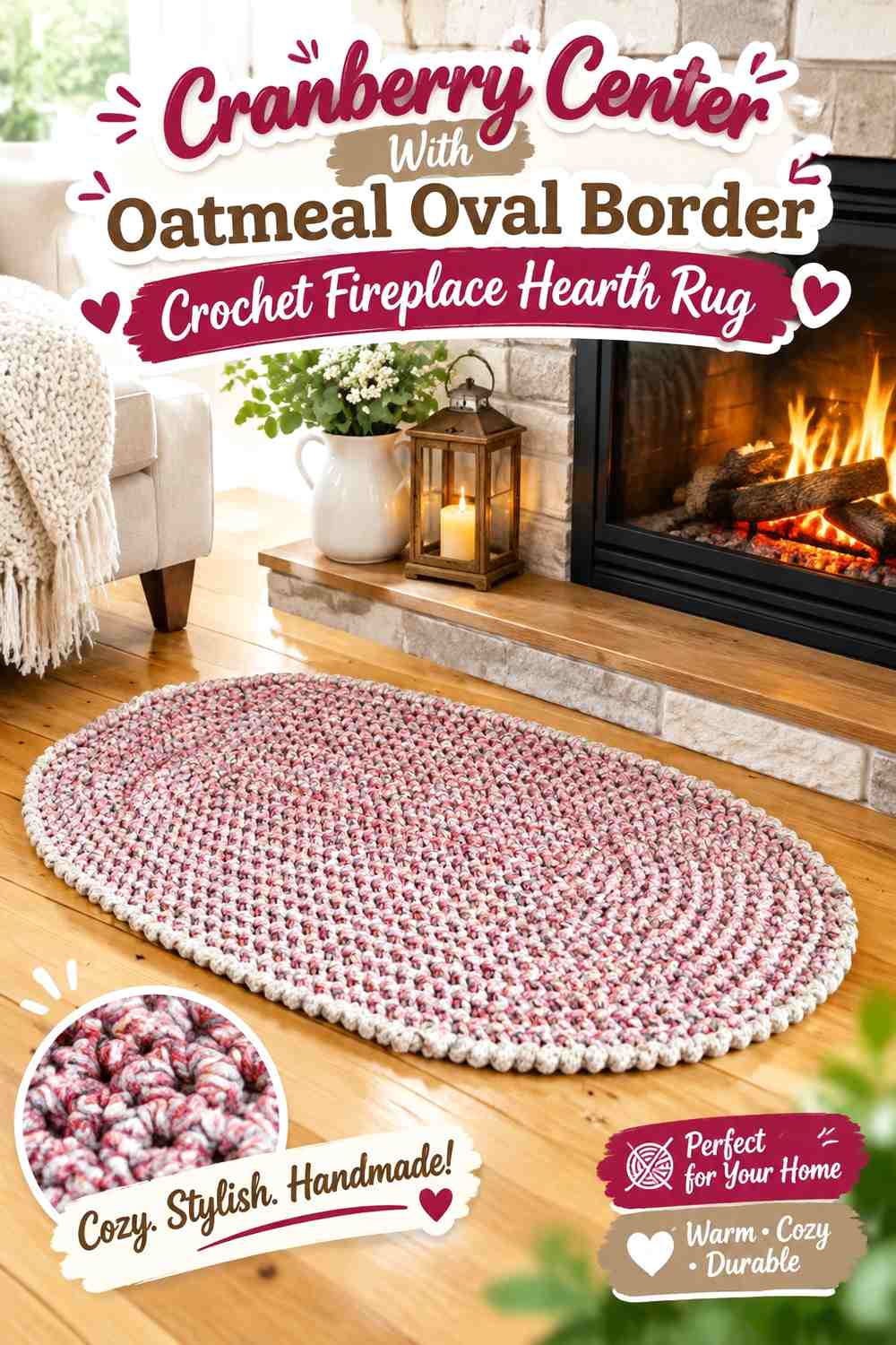Cranberry Center With Oatmeal Oval Border Crochet Fireplace Hearth Rug