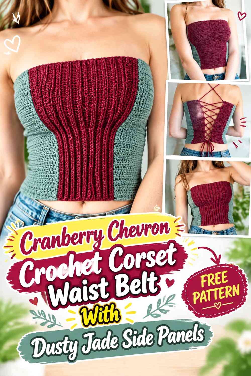 Cranberry Chevron Crochet Corset Waist Belt With Dusty Jade Side Panels