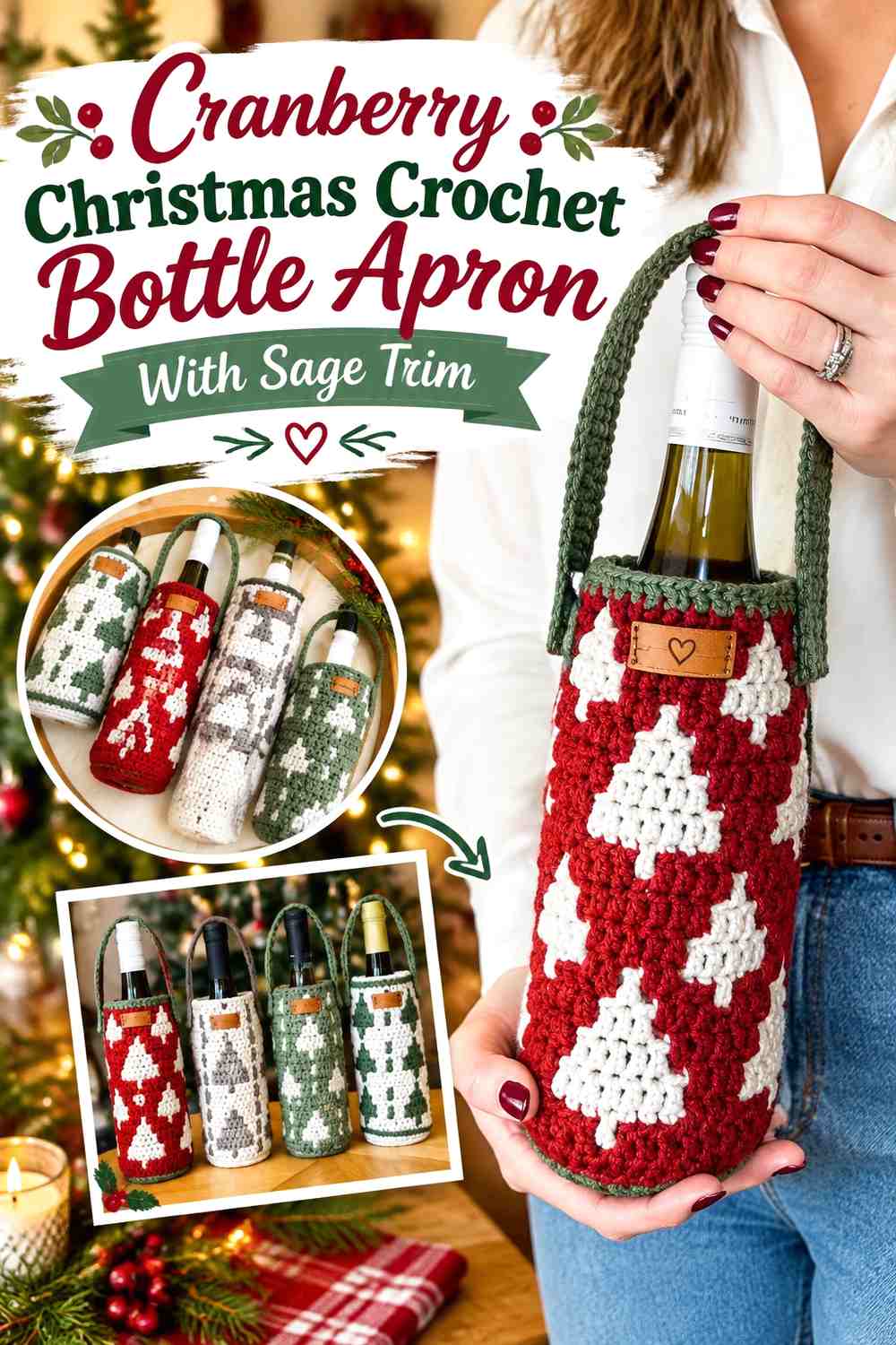 Cranberry Christmas Crochet Bottle Apron With Sage Trim