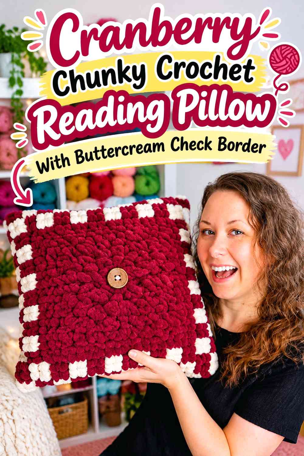 Cranberry Chunky Crochet Reading Pillow With Buttercream Check Border