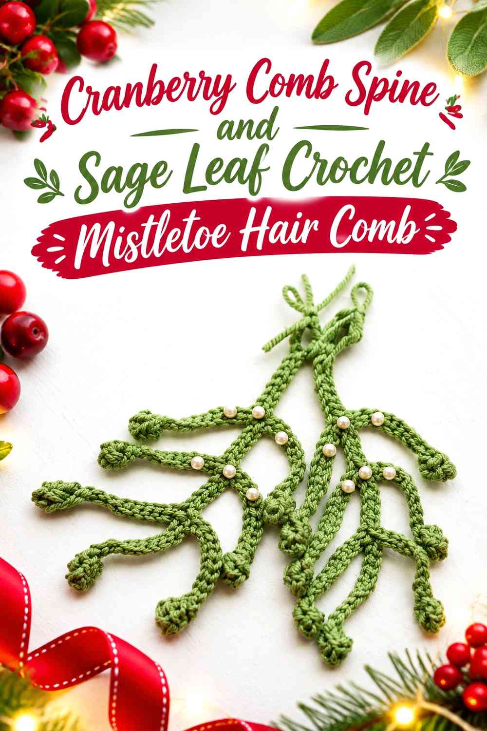 Cranberry Comb Spine and Sage Leaf Crochet Mistletoe Hair Comb