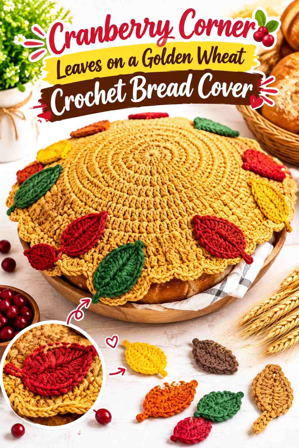 Cranberry Corner Leaves on a Golden Wheat Crochet Bread Cover