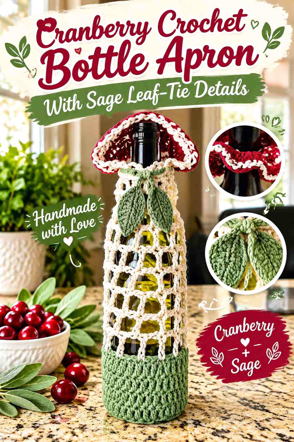 Cranberry Crochet Bottle Apron With Sage Leaf-Tie Details