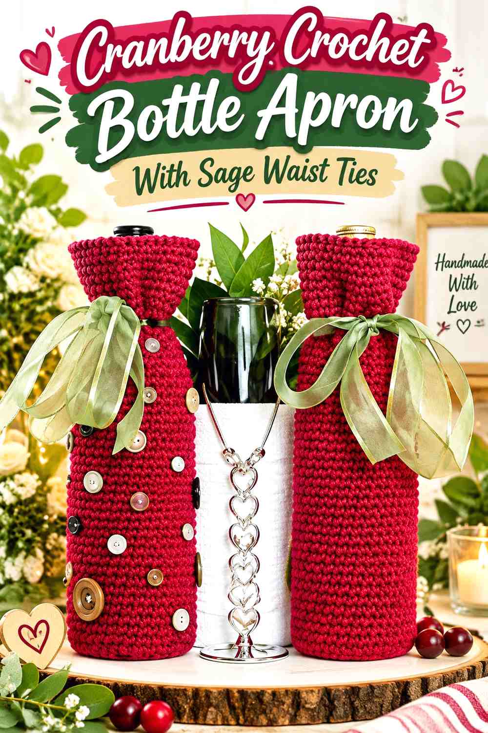 Cranberry Crochet Bottle Apron With Sage Waist Ties