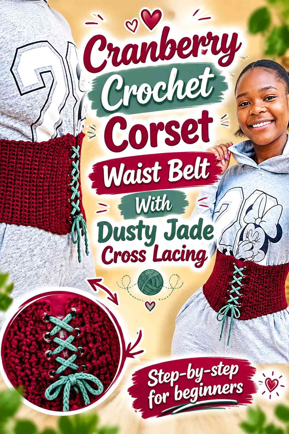 Cranberry Crochet Corset Waist Belt With Dusty Jade Cross Lacing