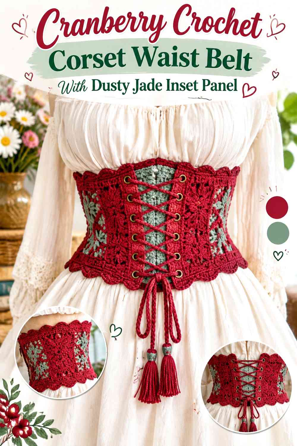 Cranberry Crochet Corset Waist Belt With Dusty Jade Inset Panel