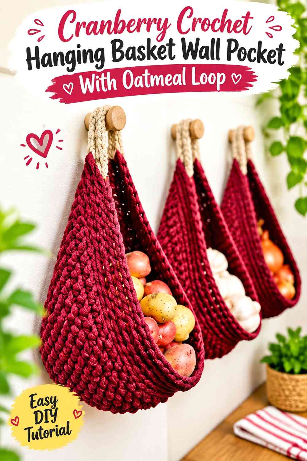 Cranberry Crochet Hanging Basket Wall Pocket With Oatmeal Loop