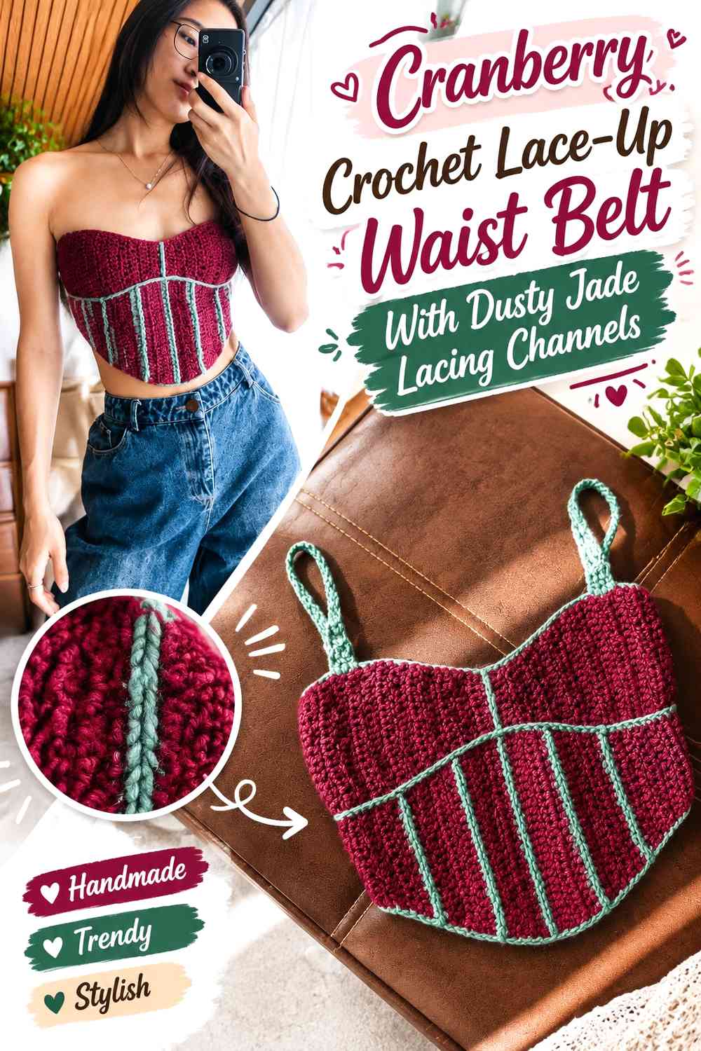 Cranberry Crochet Lace-Up Waist Belt With Dusty Jade Lacing Channels