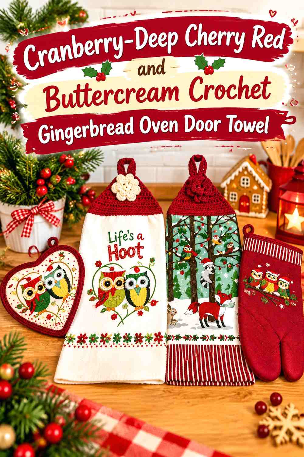 Cranberry-Deep Cherry Red and Buttercream Crochet Gingerbread Oven Door Towel