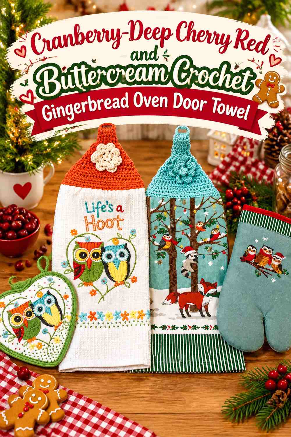 Cranberry-Deep Cherry Red and Buttercream Crochet Gingerbread Oven Door Towel