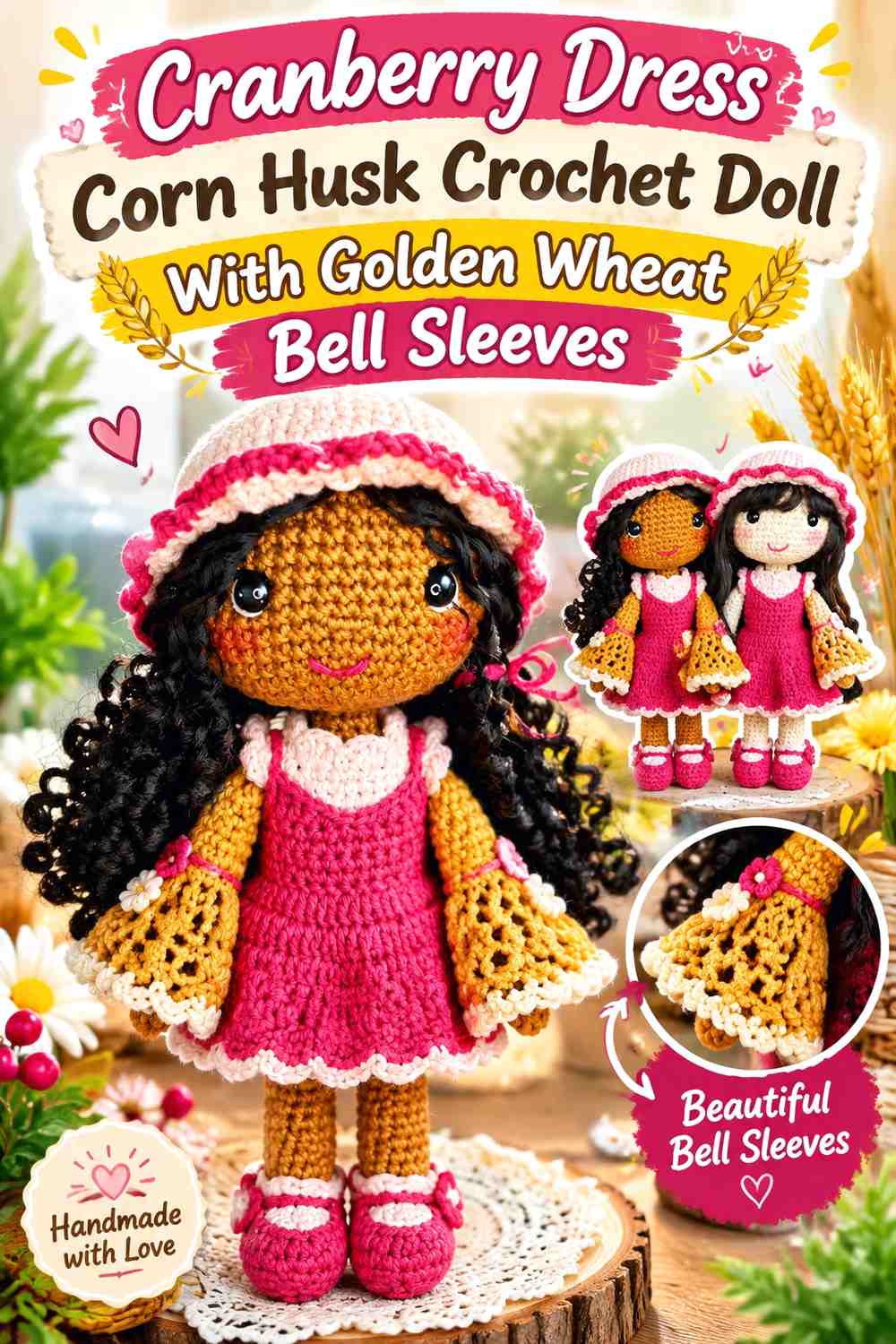 Cranberry Dress Corn Husk Crochet Doll With Golden Wheat Bell Sleeves