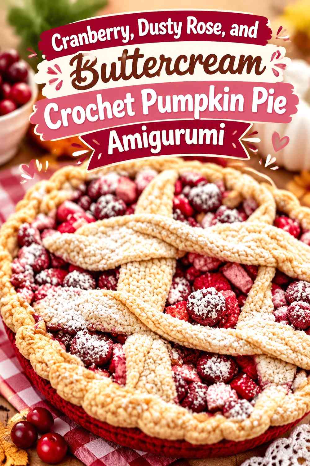 Cranberry, Dusty Rose, and Buttercream Crochet Pumpkin Pie Amigurumi
