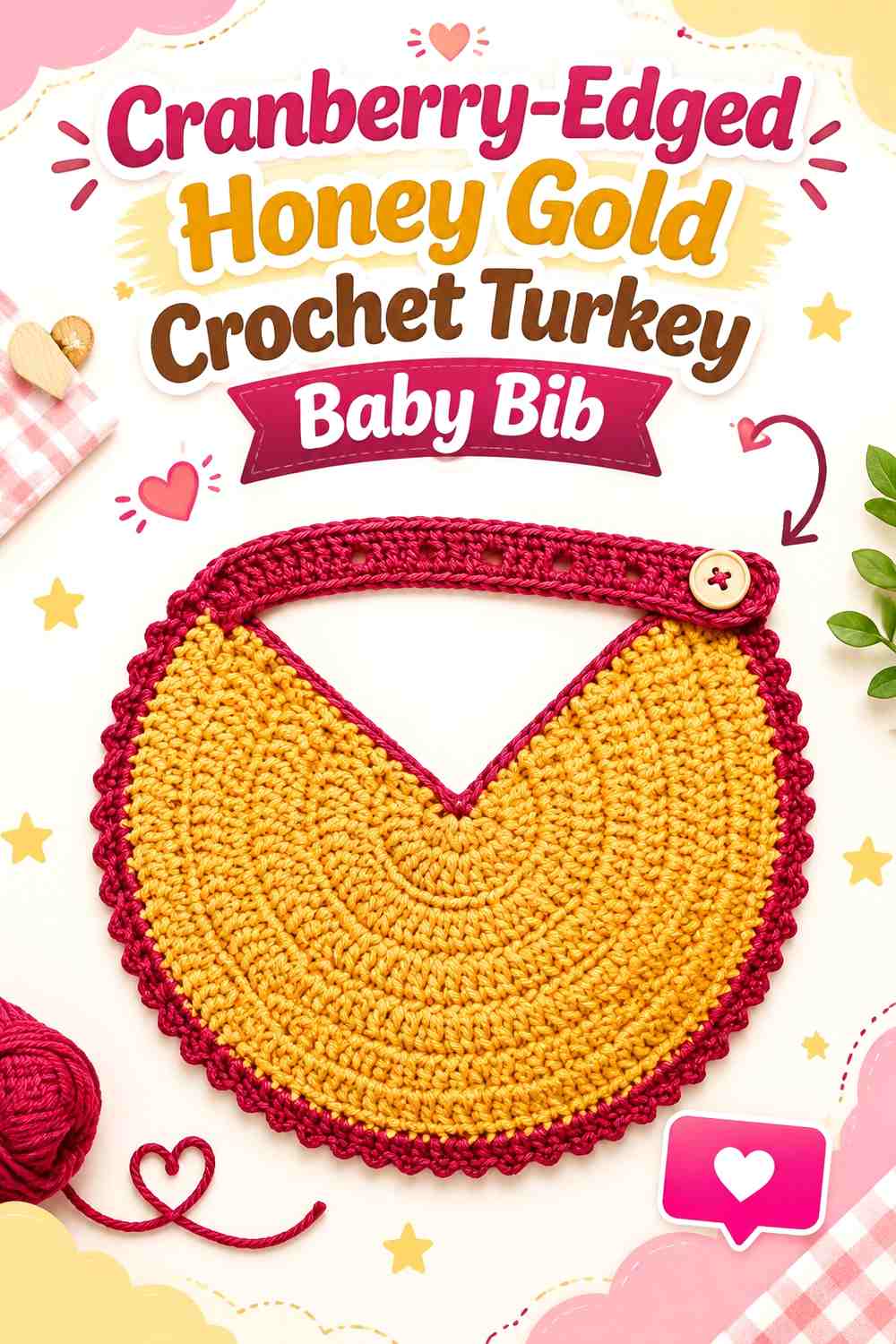 Cranberry-Edged Honey Gold Crochet Turkey Baby Bib