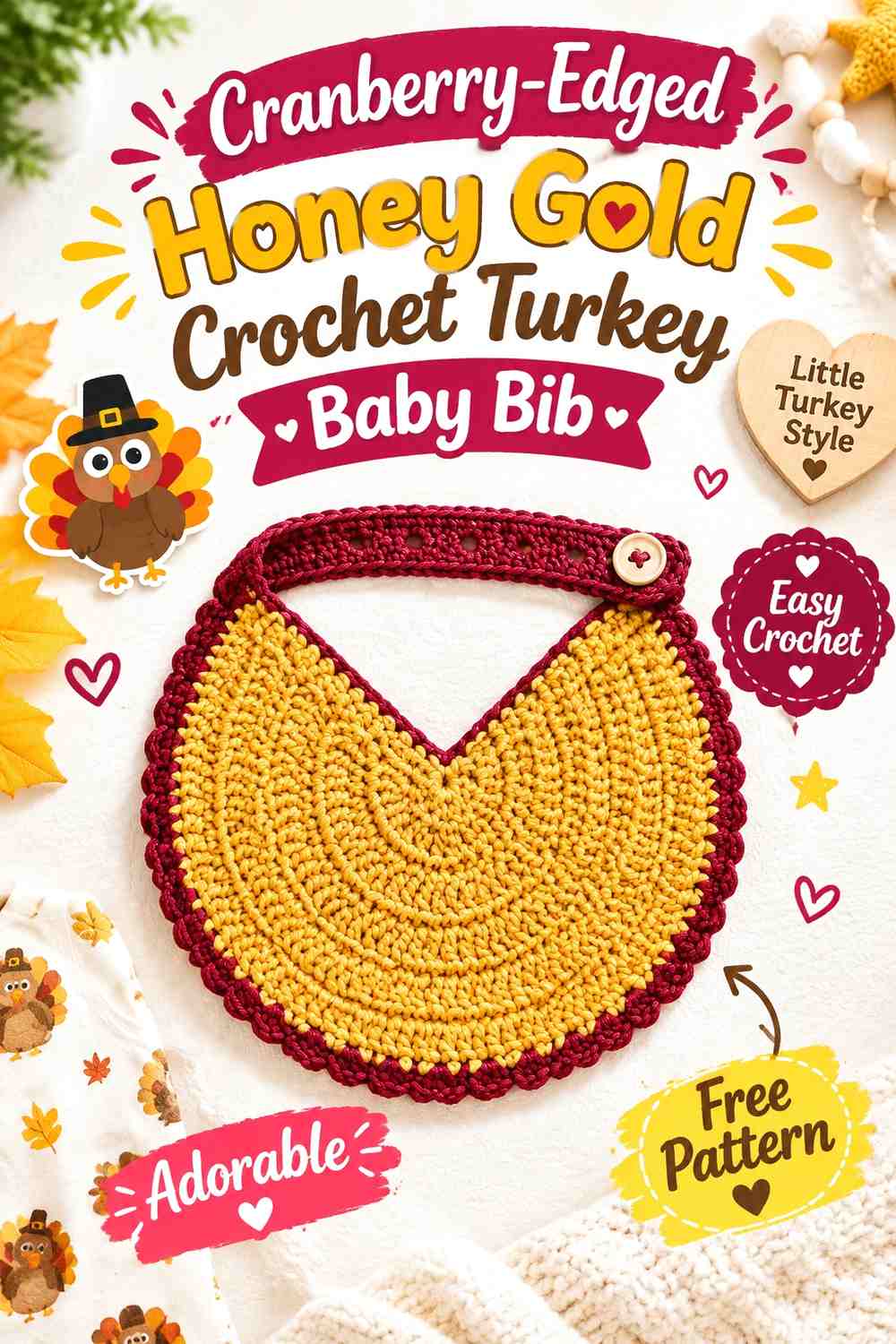 Cranberry-Edged Honey Gold Crochet Turkey Baby Bib