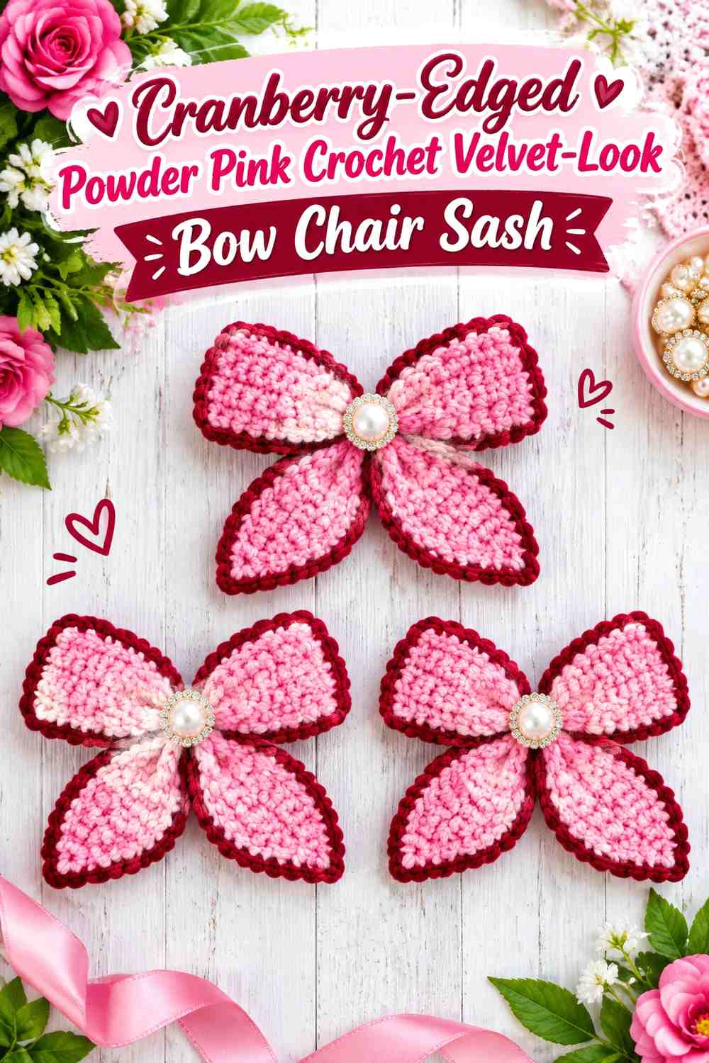 Cranberry-Edged Powder Pink Crochet Velvet-Look Bow Chair Sash