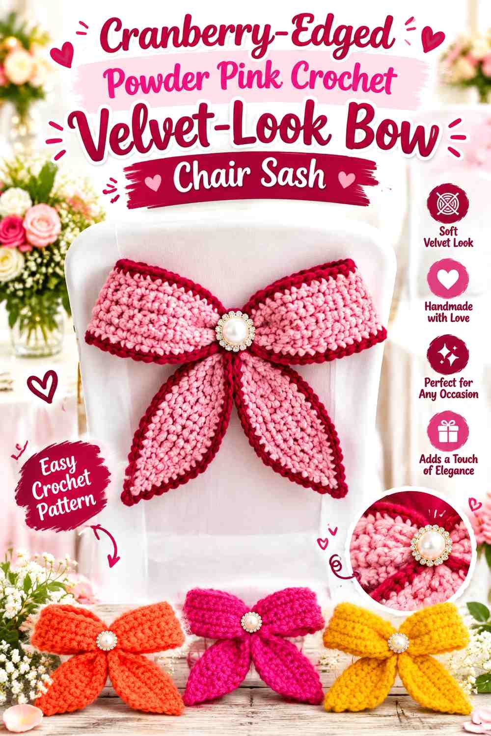 Cranberry-Edged Powder Pink Crochet Velvet-Look Bow Chair Sash