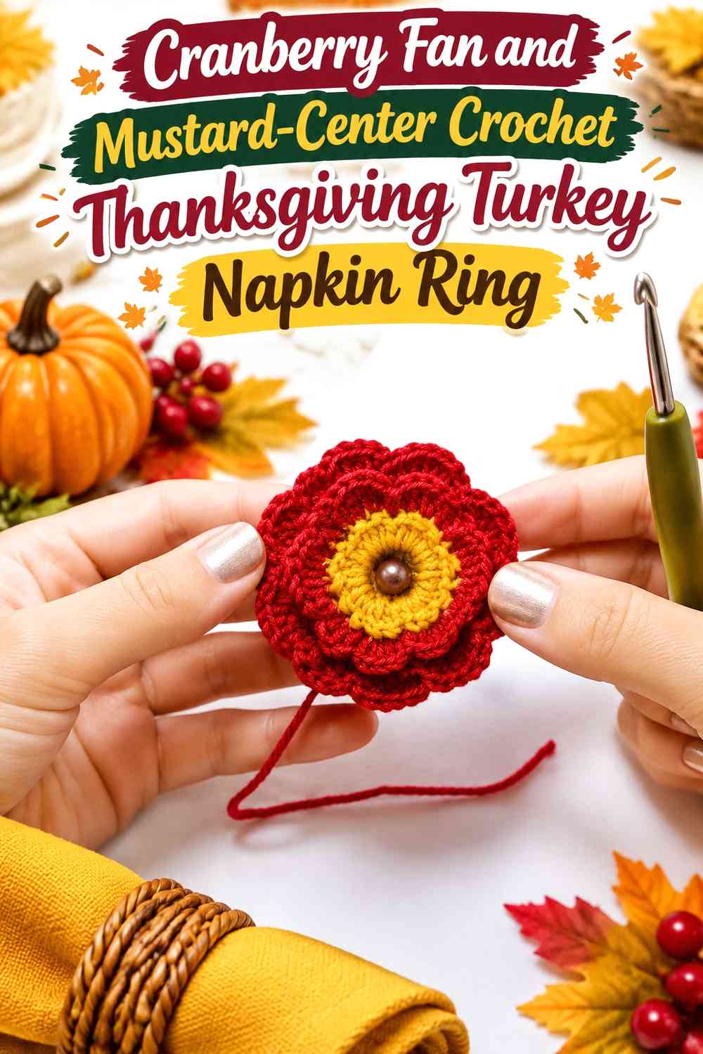 Cranberry Fan and Mustard-Center Crochet Thanksgiving Turkey Napkin Ring