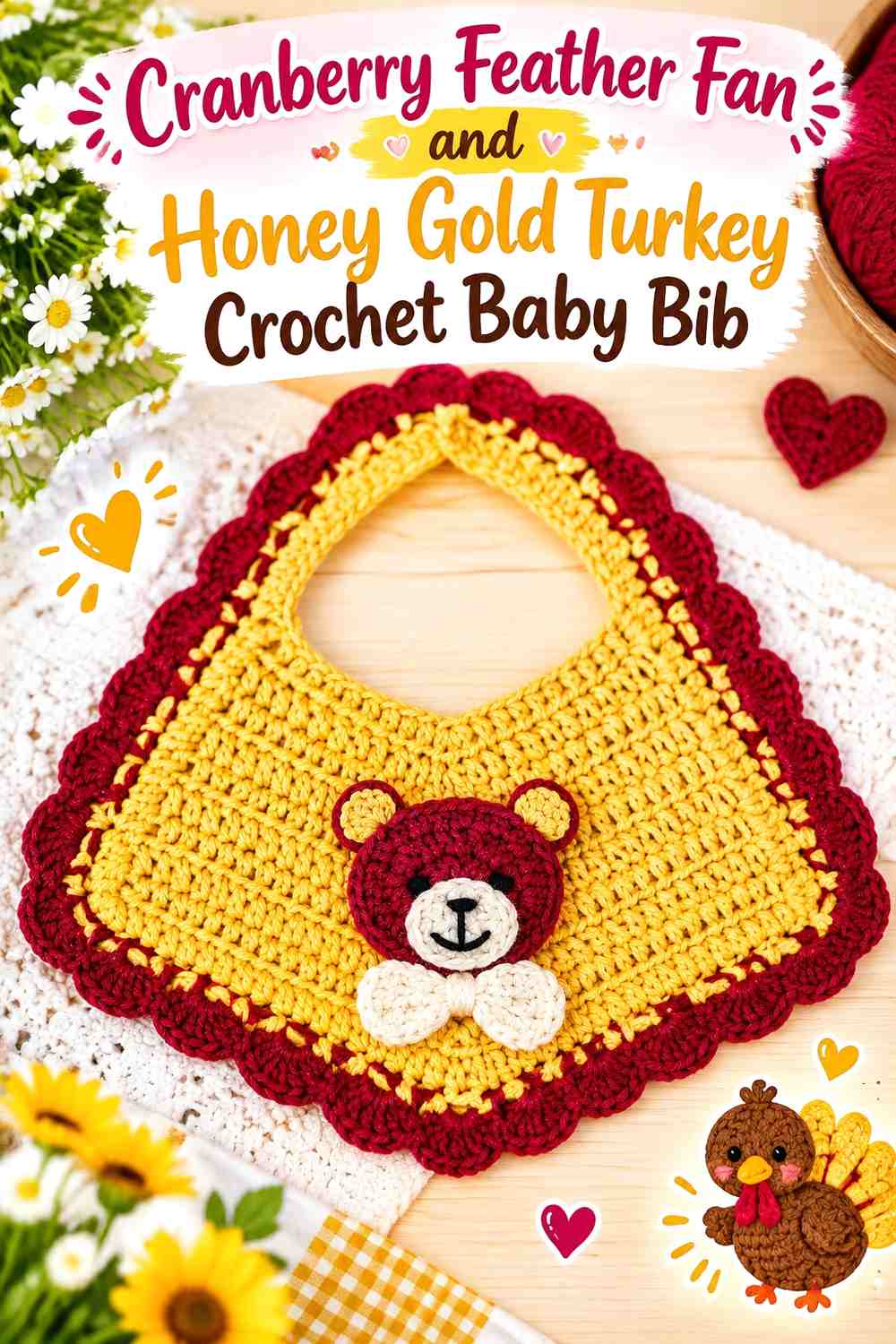 Cranberry Feather Fan and Honey Gold Turkey Crochet Baby Bib