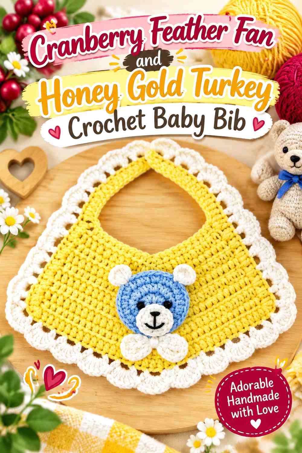 Cranberry Feather Fan and Honey Gold Turkey Crochet Baby Bib