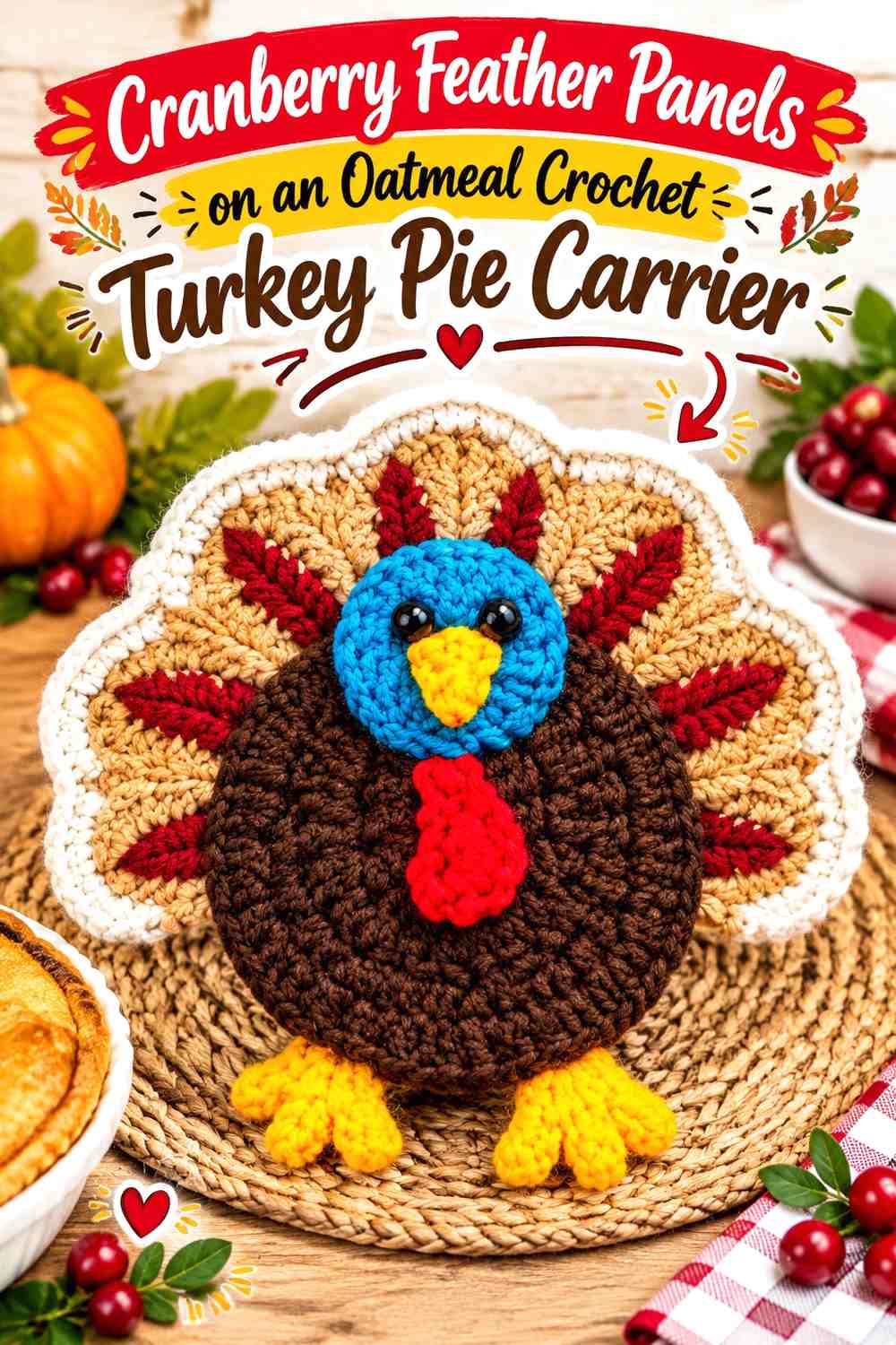 Cranberry Feather Panels on an Oatmeal Crochet Turkey Pie Carrier