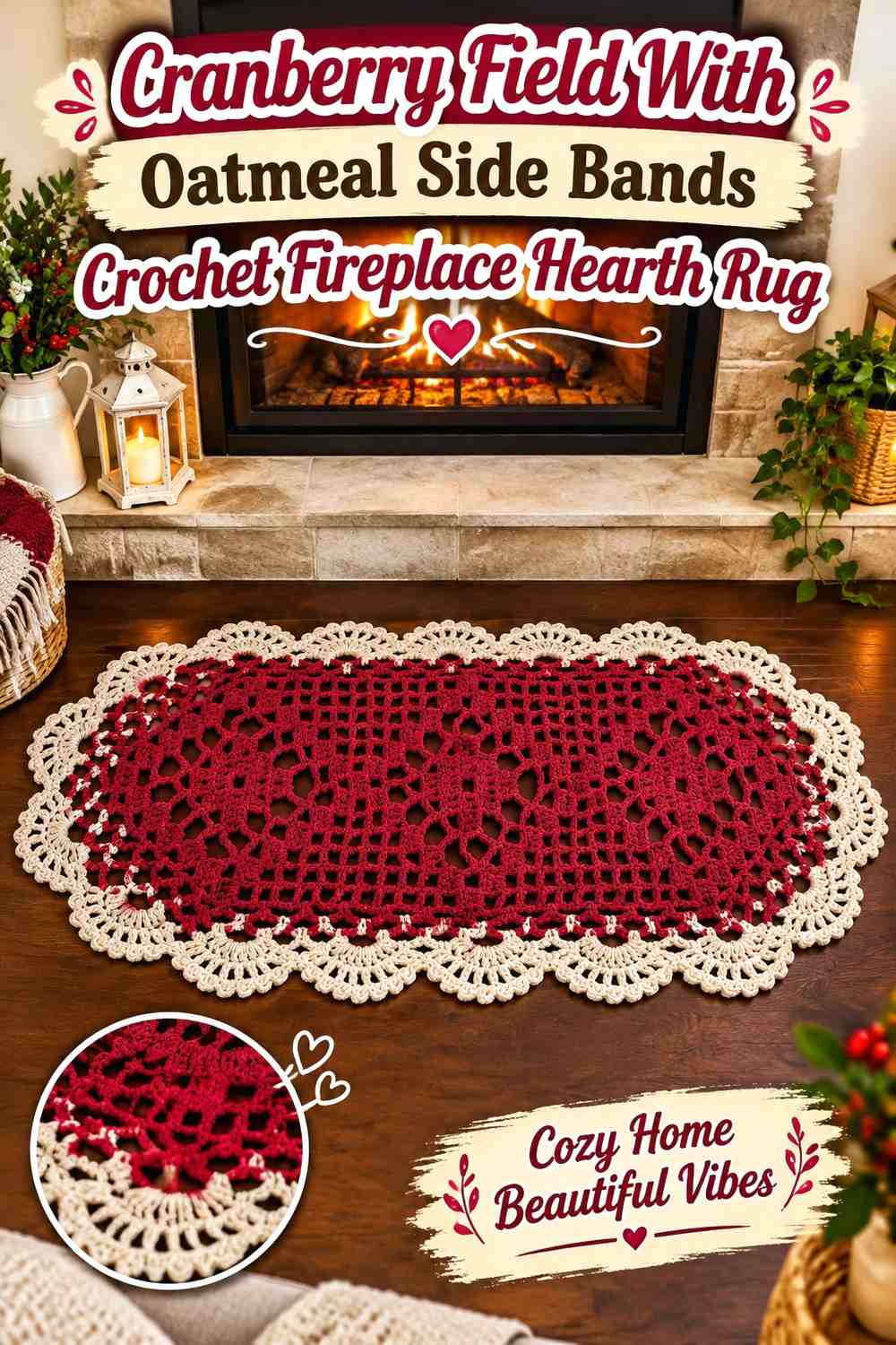 Cranberry Field With Oatmeal Side Bands Crochet Fireplace Hearth Rug