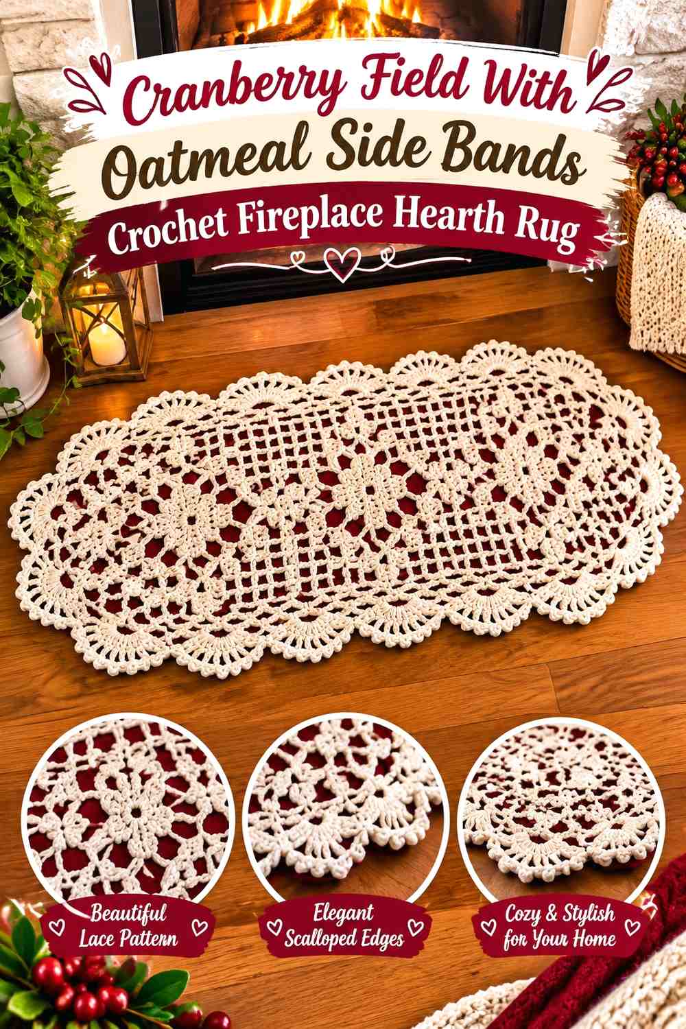 Cranberry Field With Oatmeal Side Bands Crochet Fireplace Hearth Rug
