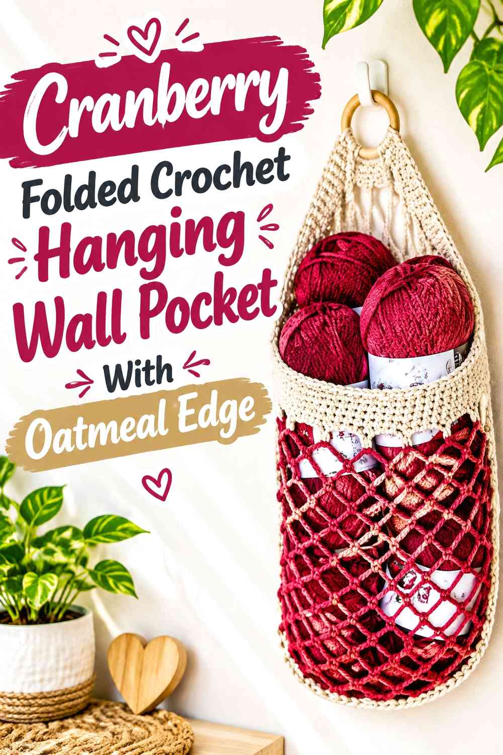 Cranberry Folded Crochet Hanging Wall Pocket With Oatmeal Edge
