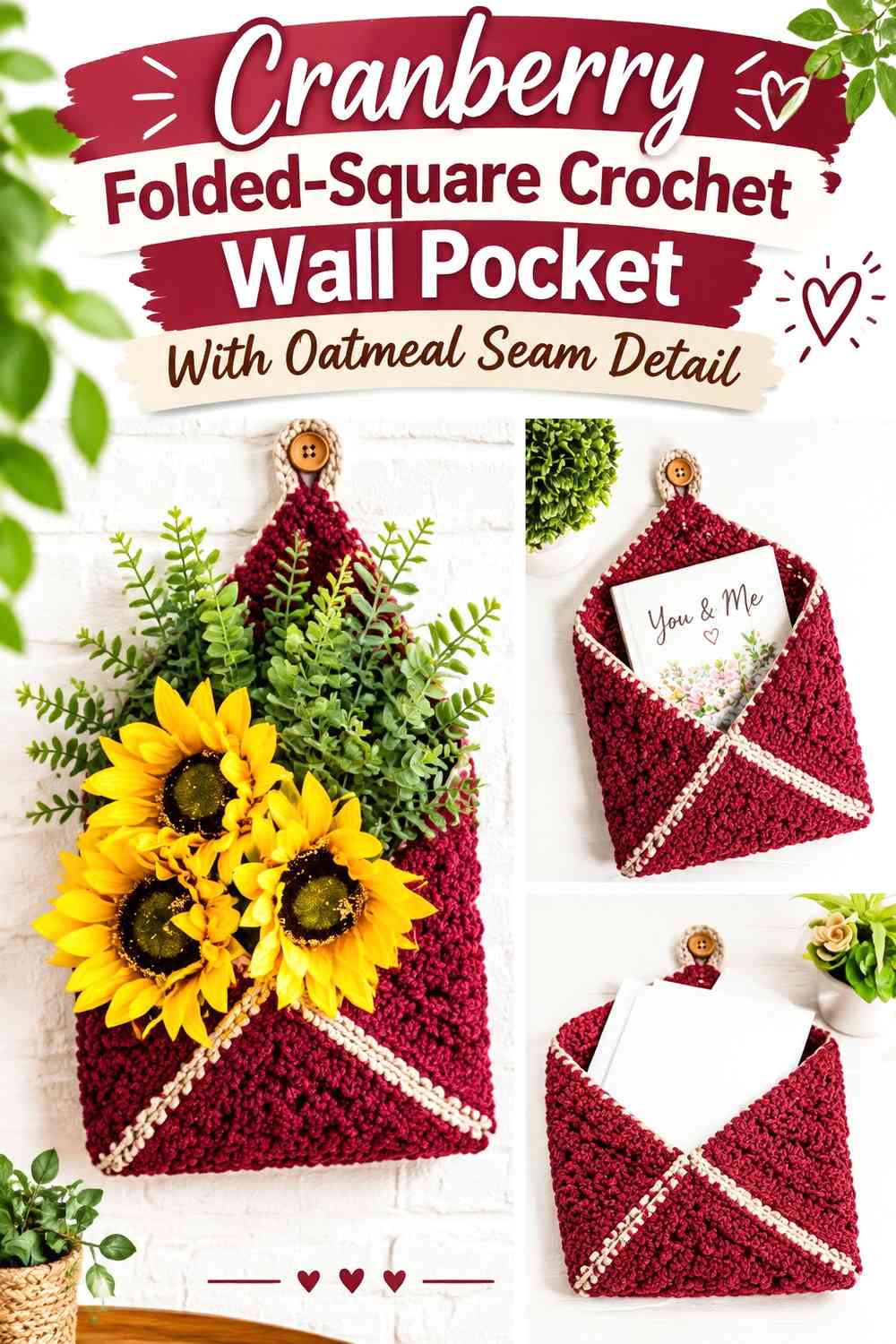 Cranberry Folded-Square Crochet Wall Pocket With Oatmeal Seam Detail