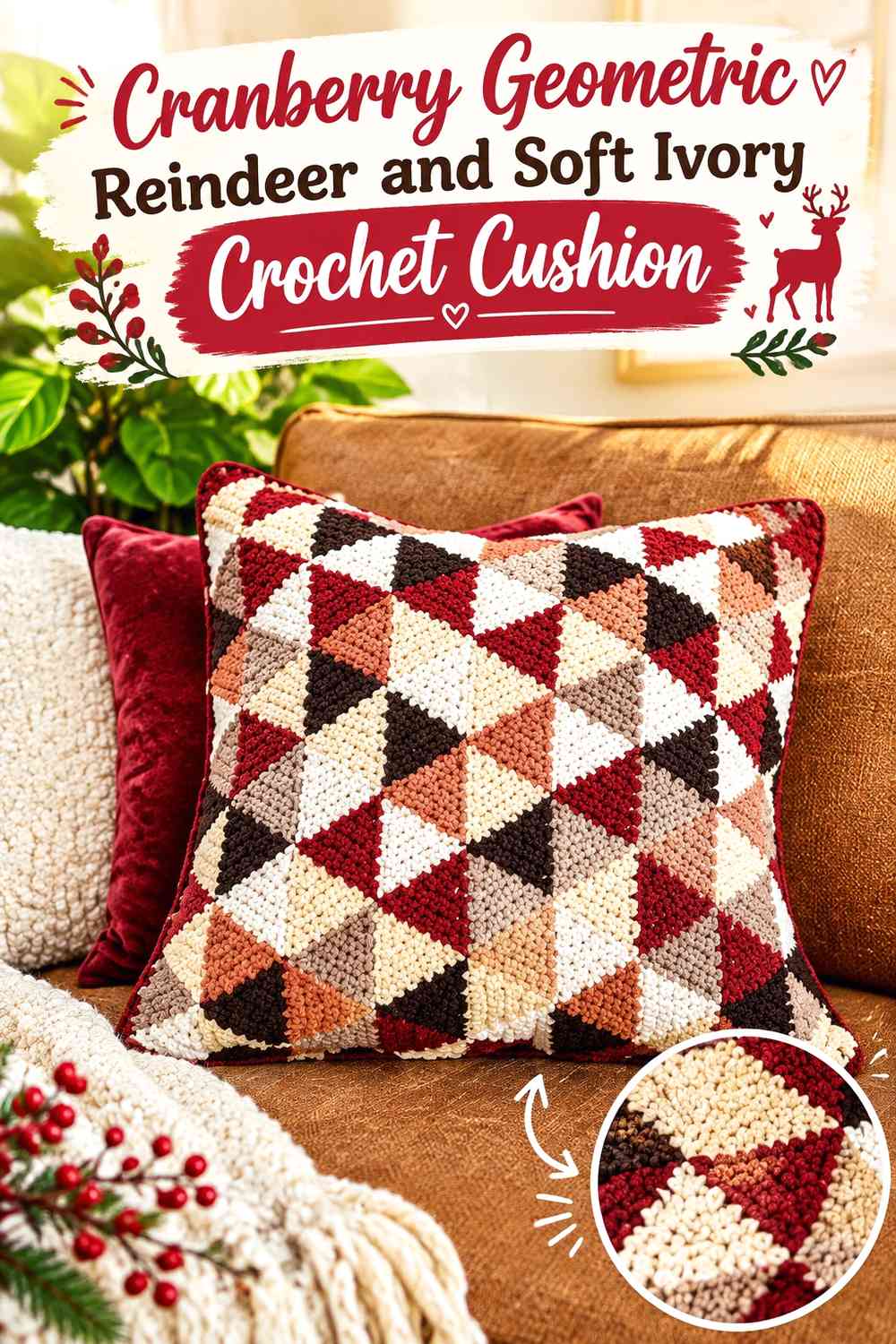 Cranberry Geometric Reindeer and Soft Ivory Crochet Cushion