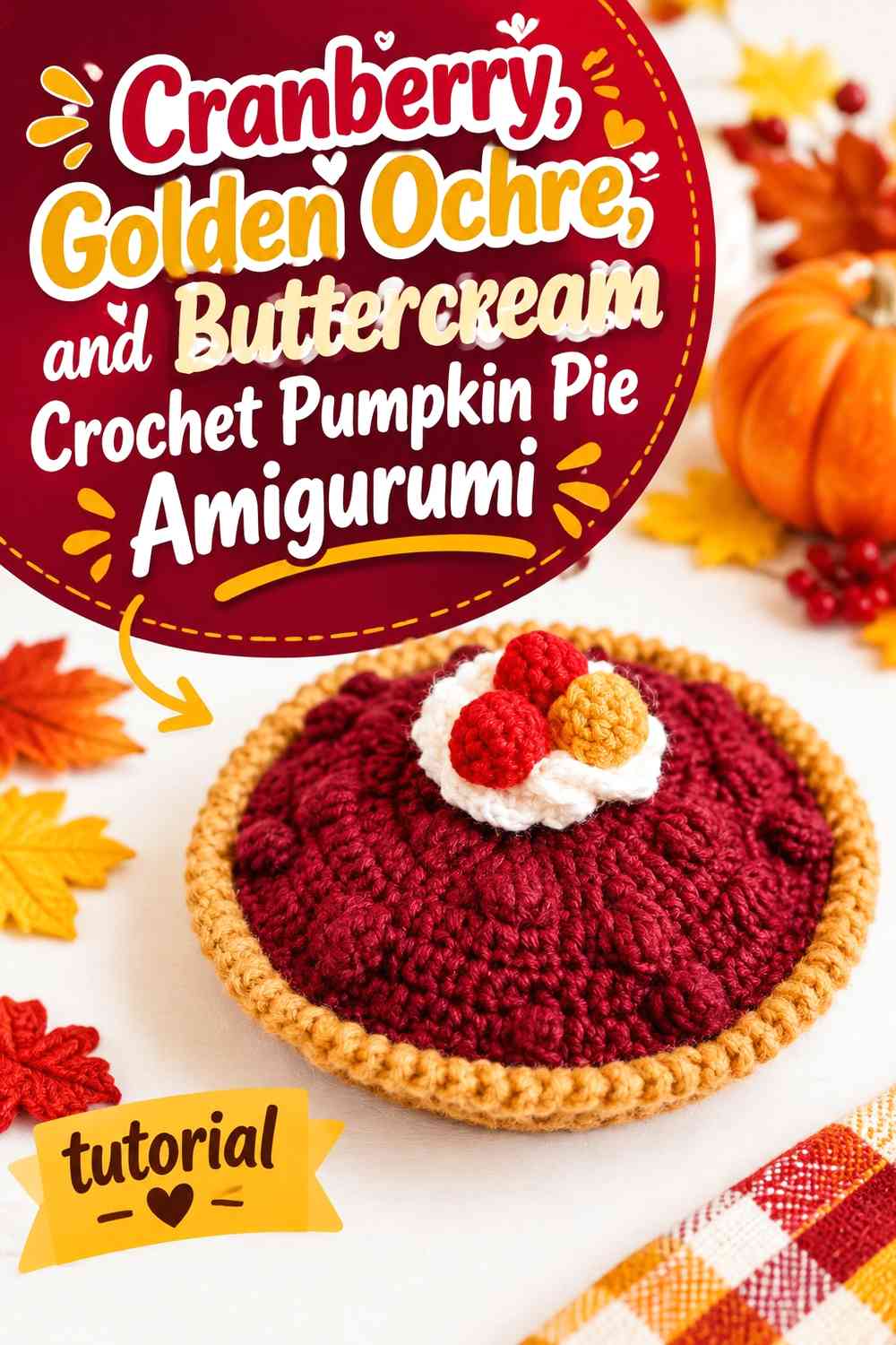 Cranberry, Golden Ochre, and Buttercream Crochet Pumpkin Pie Amigurumi