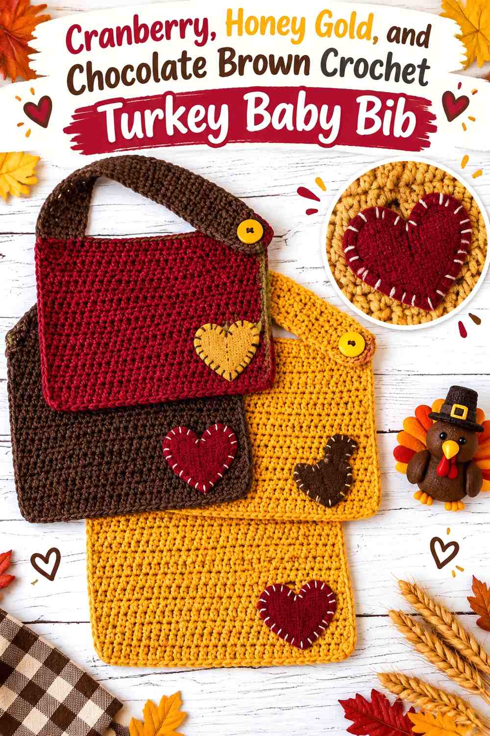 Cranberry, Honey Gold, and Chocolate Brown Crochet Turkey Baby Bib
