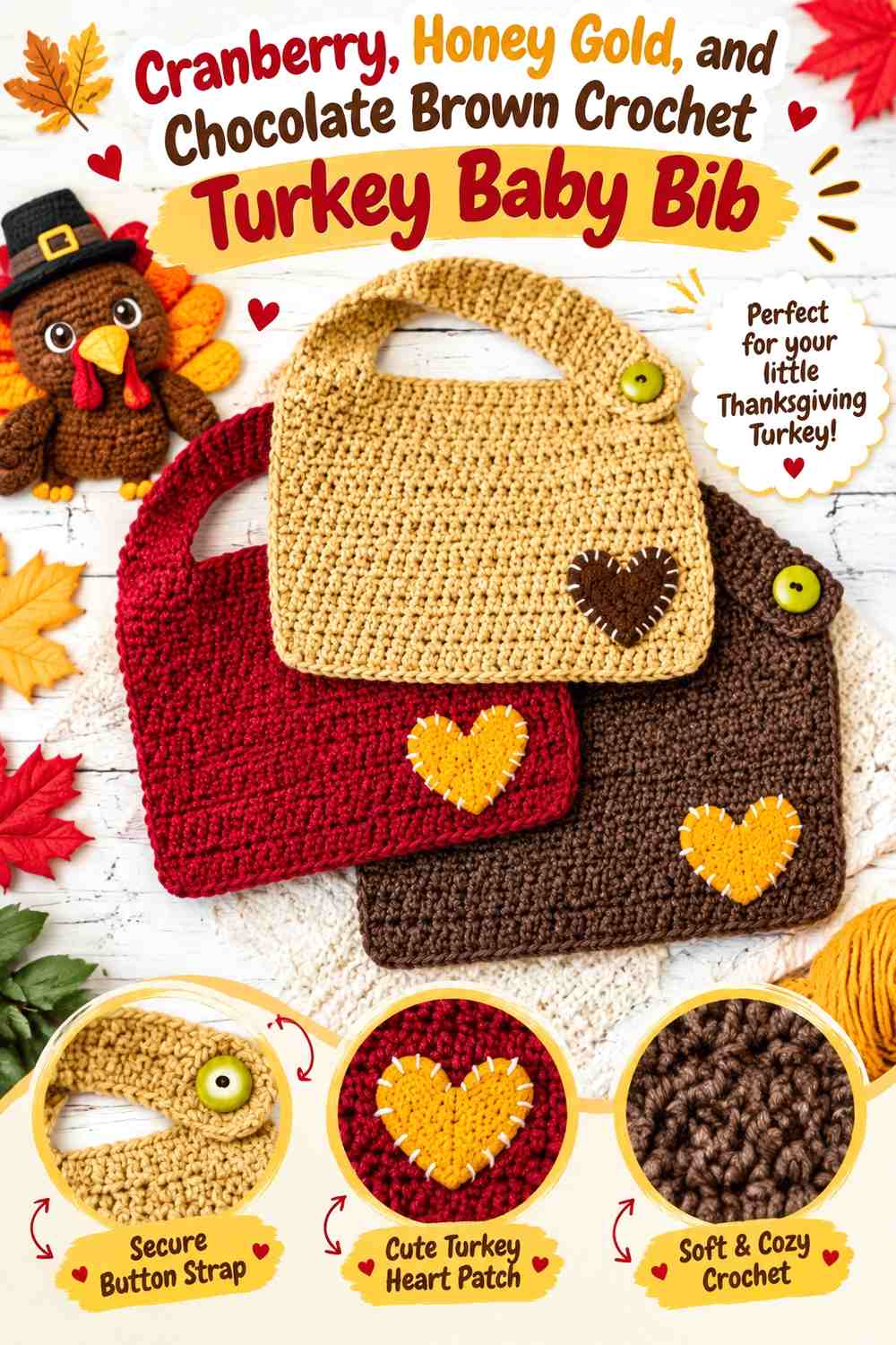 Cranberry, Honey Gold, and Chocolate Brown Crochet Turkey Baby Bib