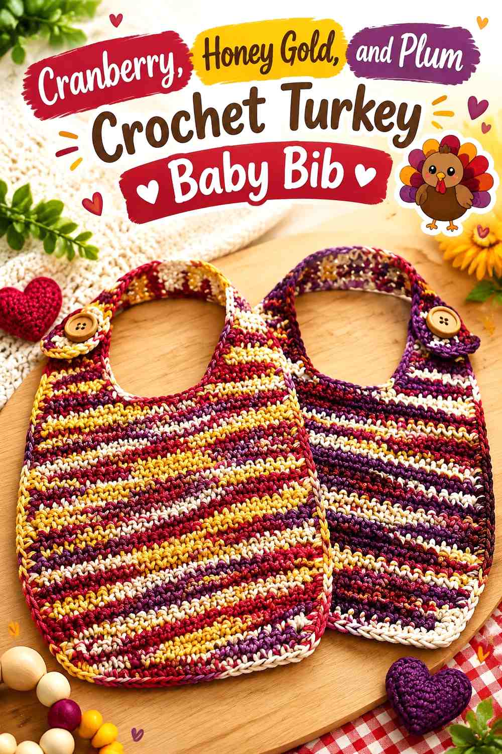 Cranberry, Honey Gold, and Plum Crochet Turkey Baby Bib