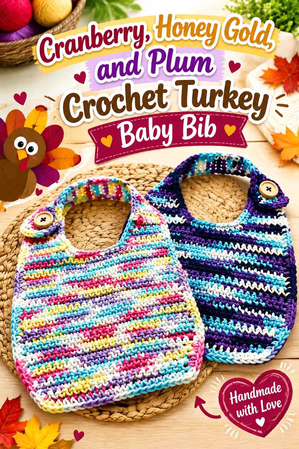 Cranberry, Honey Gold, and Plum Crochet Turkey Baby Bib