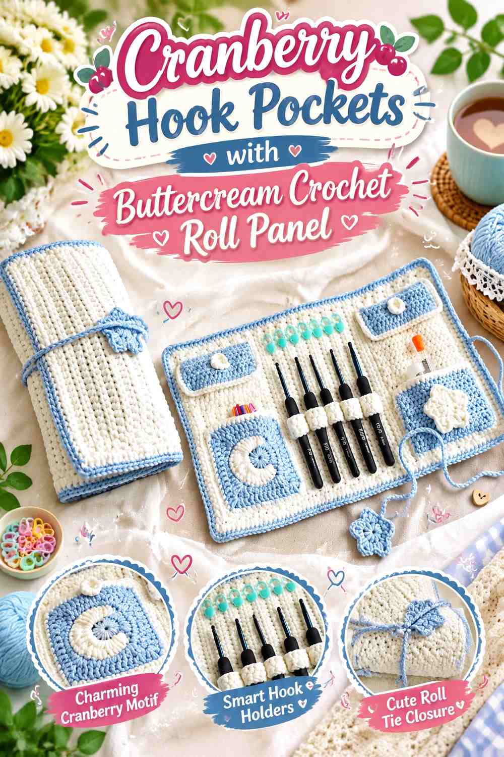 Cranberry Hook Pockets with Buttercream Crochet Roll Panel