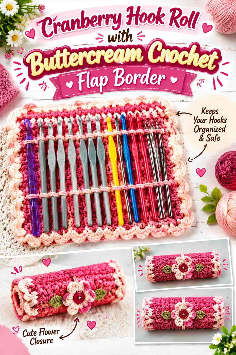 Cranberry Hook Roll with Buttercream Crochet Flap Border
