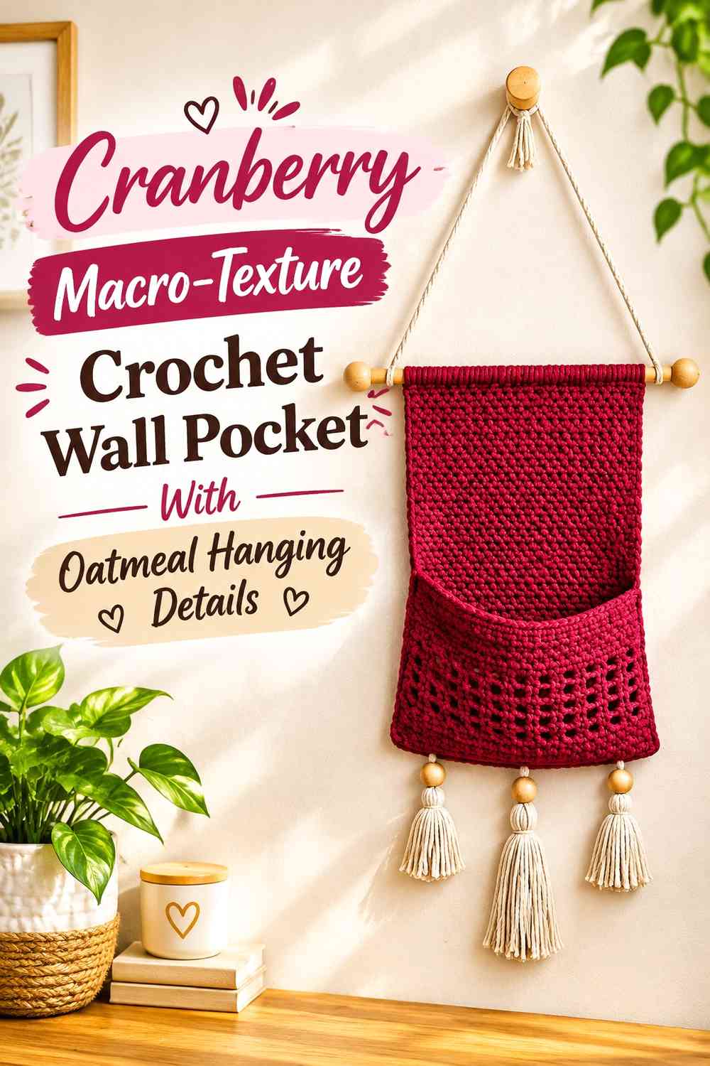 Cranberry Macro-Texture Crochet Wall Pocket With Oatmeal Hanging Details