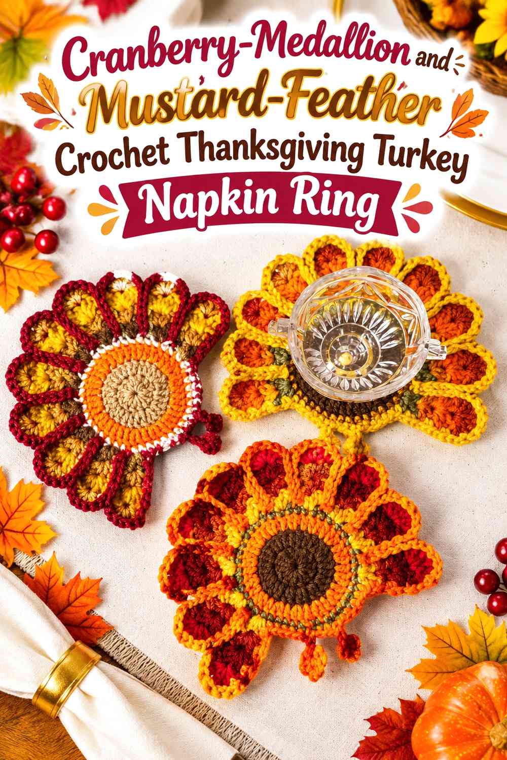Cranberry-Medallion and Mustard-Feather Crochet Thanksgiving Turkey Napkin Ring