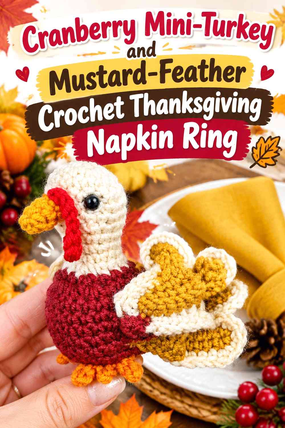 Cranberry Mini-Turkey and Mustard-Feather Crochet Thanksgiving Napkin Ring