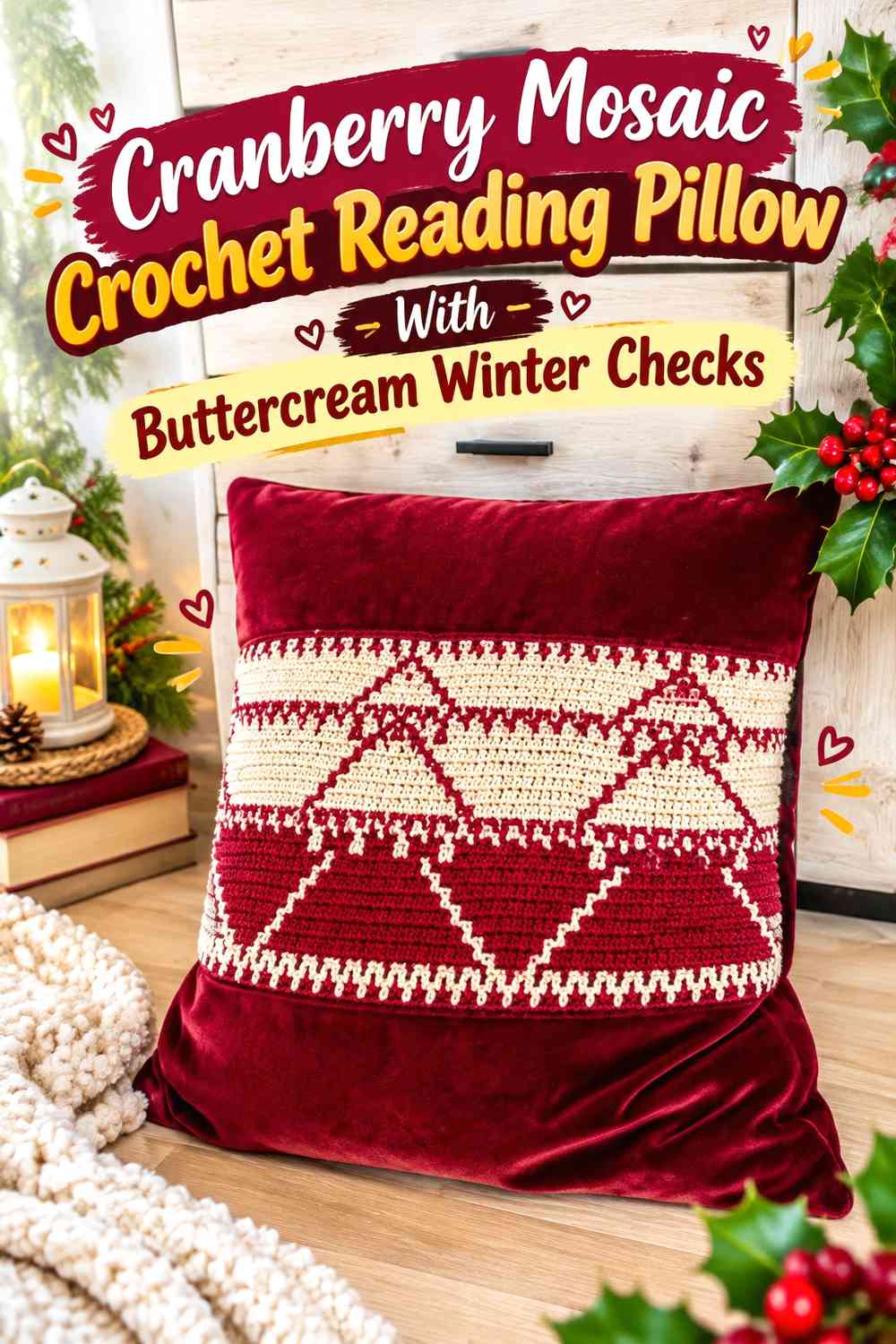 Cranberry Mosaic Crochet Reading Pillow With Buttercream Winter Checks