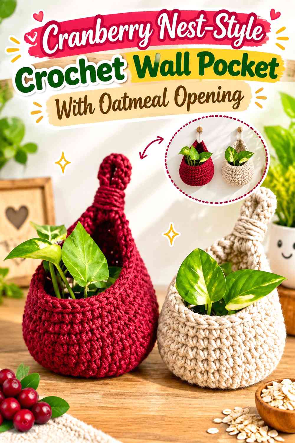 Cranberry Nest-Style Crochet Wall Pocket With Oatmeal Opening