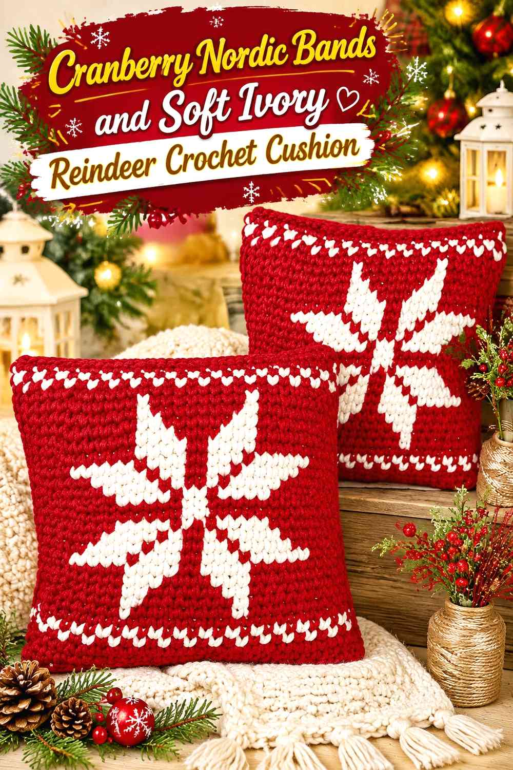 Cranberry Nordic Bands and Soft Ivory Reindeer Crochet Cushion