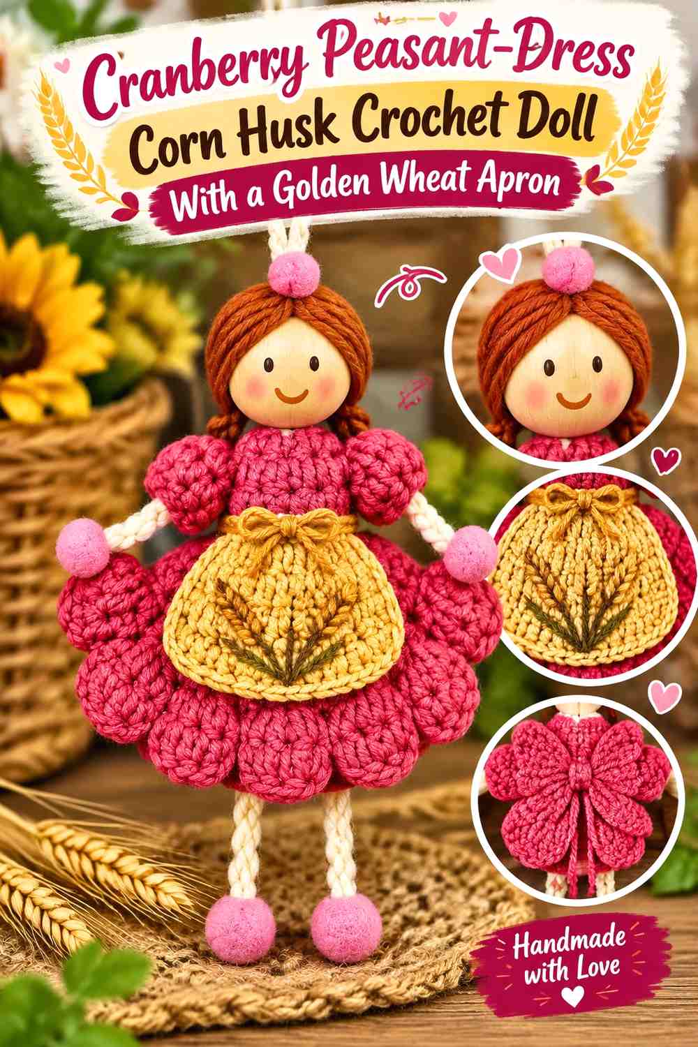 Cranberry Peasant-Dress Corn Husk Crochet Doll With a Golden Wheat Apron