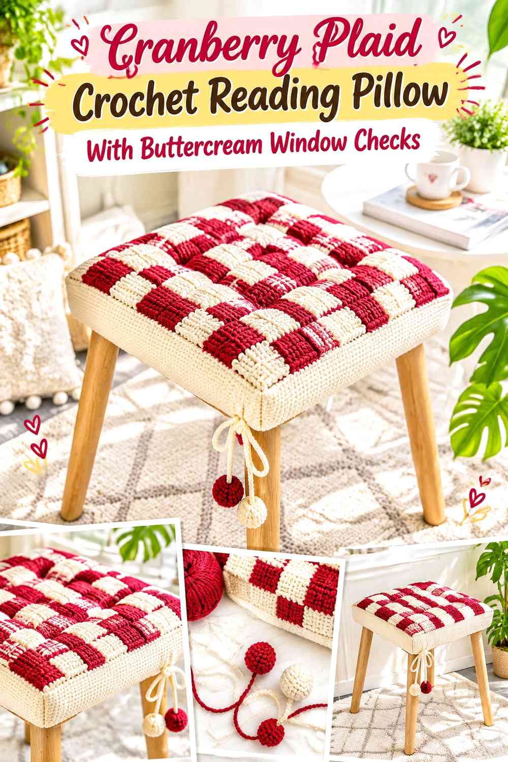 Cranberry Plaid Crochet Reading Pillow With Buttercream Window Checks