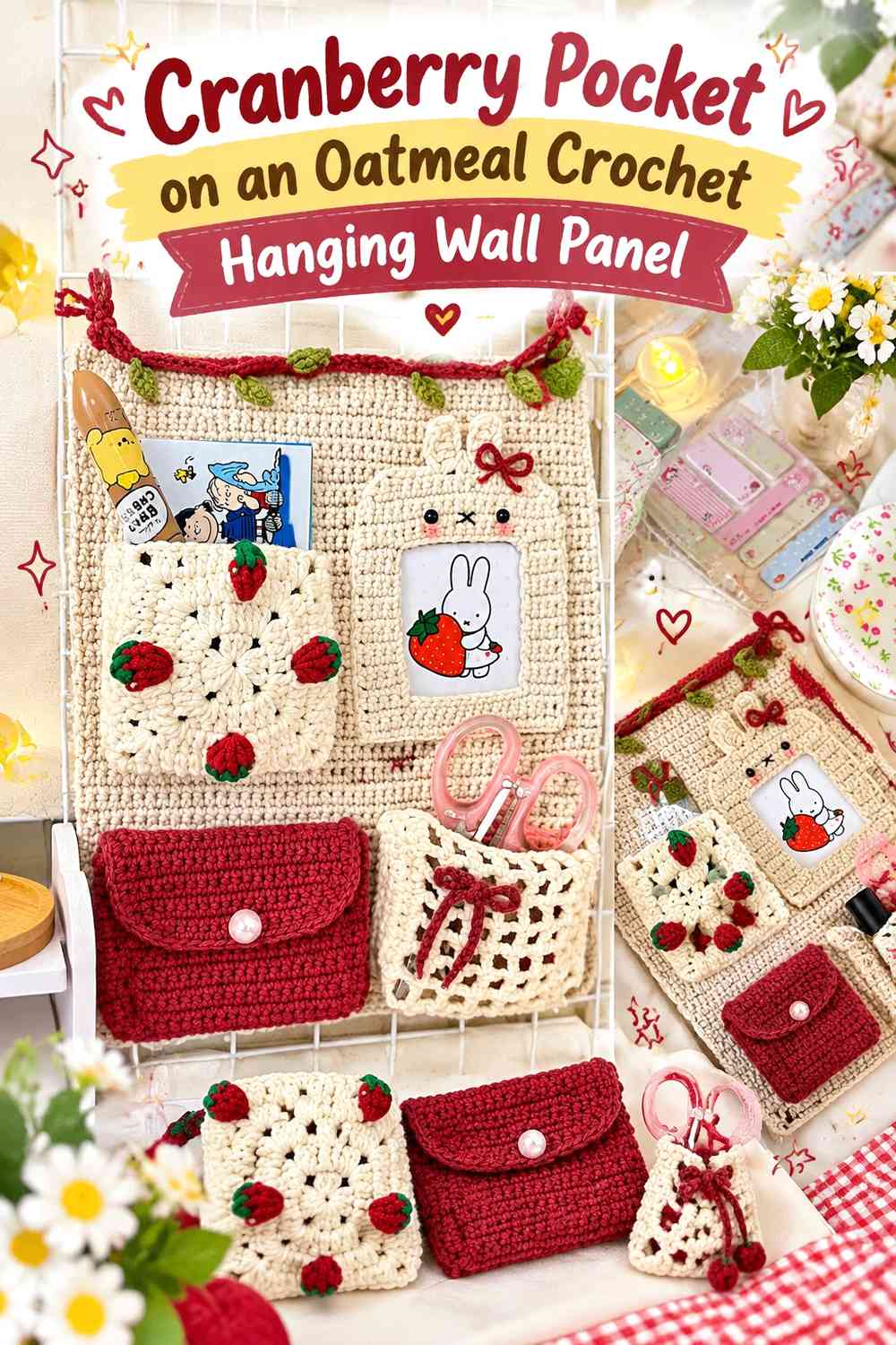 Cranberry Pocket on an Oatmeal Crochet Hanging Wall Panel