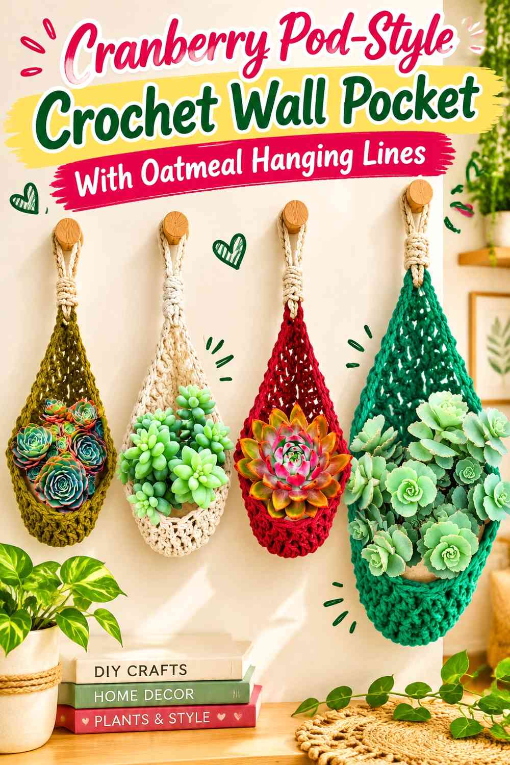 Cranberry Pod-Style Crochet Wall Pocket With Oatmeal Hanging Lines