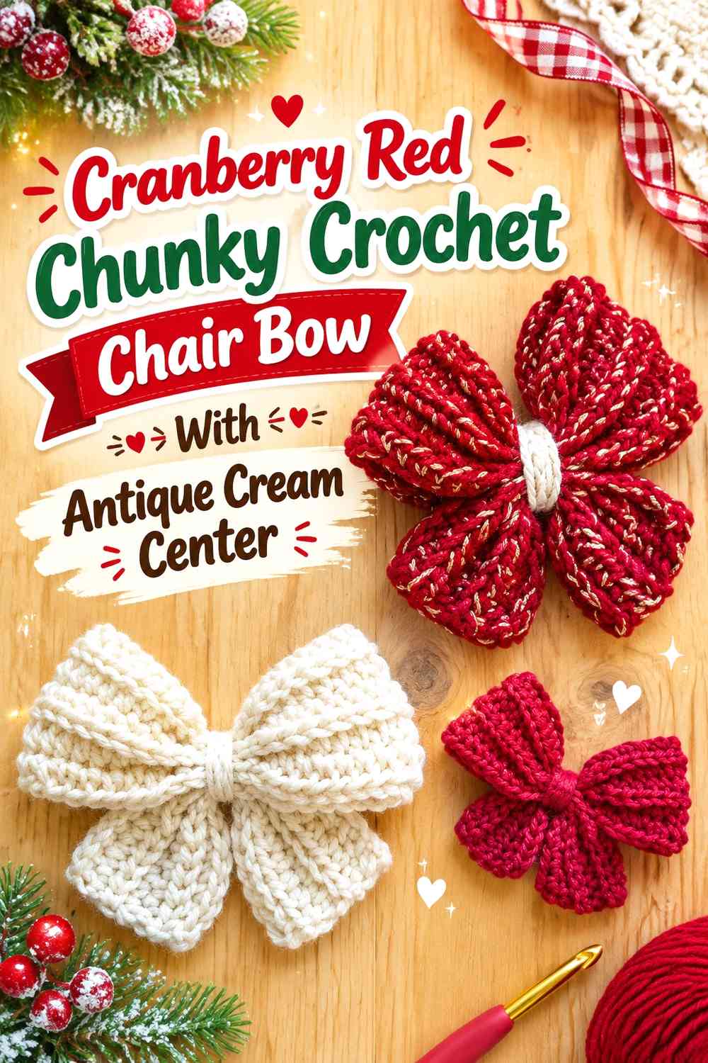Cranberry Red Chunky Crochet Chair Bow With Antique Cream Center