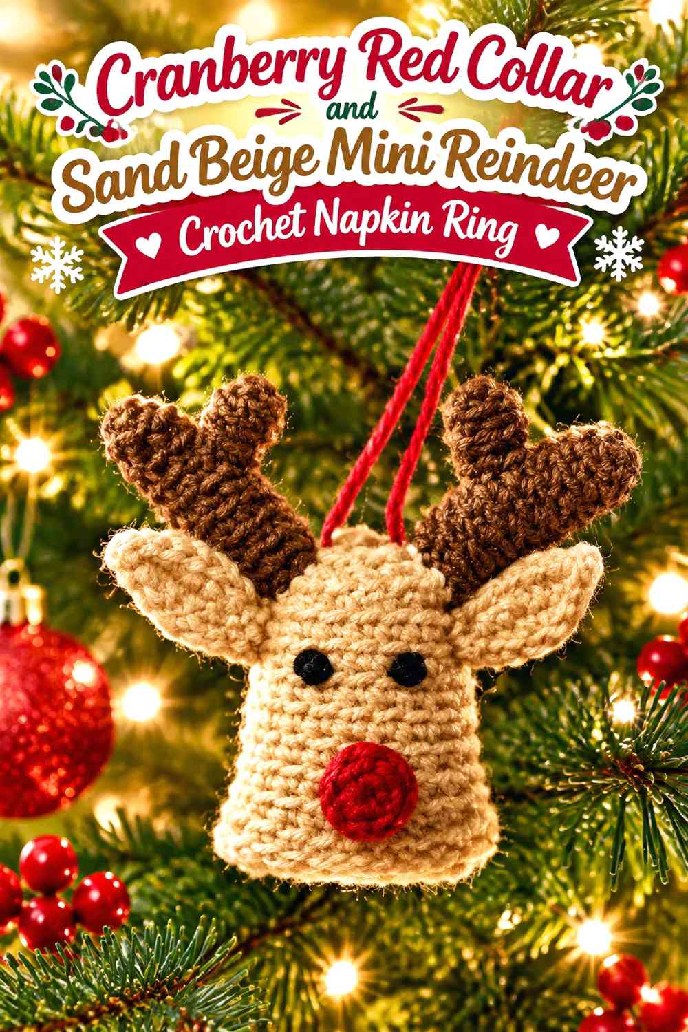 Cranberry Red Collar and Sand Beige Mini Reindeer Crochet Napkin Ring